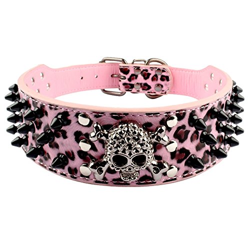Berry 2" Wide Spiked Studded PU Leather Dog Collars for Medium and Large Dogs Especially Pitbull Boxer Mastiff,Pink Leopard 21-24"