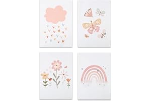 JANDH Poster Kinderzimmer, 4 Stück Kinderzimmer Bilder, Poster Kinderzimmer Deko, Regenbogen Sonne Wolke Blumen und Schmetterlinge