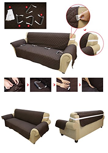 Auralum 177 x 56cm Wasserdicht Doppelseitig Sesselschoner Sofaschoner mit Armlehnen für 1 sitzer Sofa, Anti-Rutsch Sofa Matte für Hunde/ Katzen – Dunkelbraun / Beige - 9