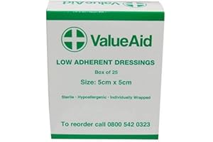 Value Aid Low Adherent Dressing Pads - 5cm x 5cm Hypoallergenic Sterile Wound Care, Non-Stick Surface for Gentle Removal - Individually Wrapped Medical Dressings for Cuts & Grazes (25 Pack)