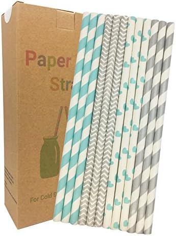 Straws Paper Biodegradable 100 Pcs Drinking Novelty Decorations for Party Birthday Wedding Baby Shower Valentine in Blue N Sliver