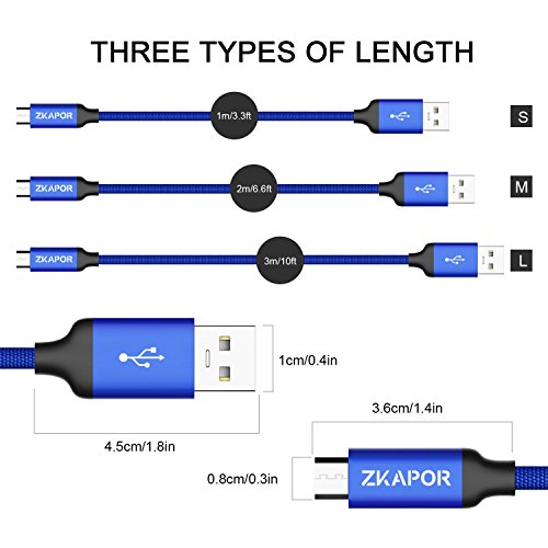 C  ble Micro USB  ZKAPOR  1m 2m 3m  Lot de 3  Nylon Tress   Rapide Chargeur C  ble Charge Synchro pour Appareils Android  Samsung Galaxy S7  S6  J3  J