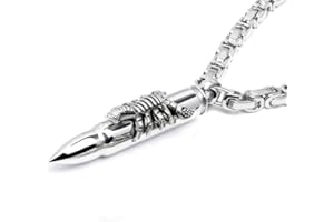 Schmuck-Checker Solid Stainless Steel Men's Pendant Cartridge Scorpion Ammunition Bullet Silver Byzantine Chain Necklace, Stainless Steel, No Gemstone