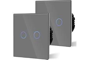 BSEED Interruptor Tactil luz pared, Interruptor Conmutador de Cristal,Interruptor con luz Piloto,Sin Función Wifi,2 Gang 1 Vía - 2 Paquetes,86mm Gris