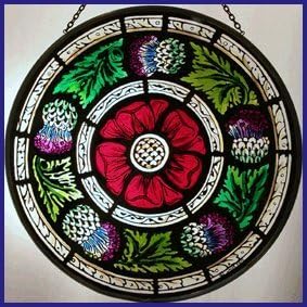 Decorative Hand Painted Stained Glass Window Sun Catcher/Roundel in a Scottish Rose and Thistle Design