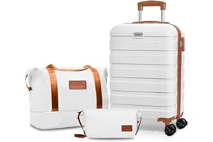 AnyZip Maletas de Viaje Cabina ABS Maleta Cabina, Equipaje de Mano Rígidas Duradero con 4 Ruedas y Cerradura TSA (Blanco-Marrón,M Set)
