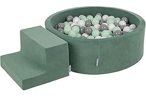 KiddyMoon Spielplatz Velvet Aus Schaumstoff Mit Rund Bällebad (200 Bälle) + Stüfchen Ballgruben Für Babys Spielbad, Hergestellt In EU, Waldgrün: Weiß/Grau/Minze