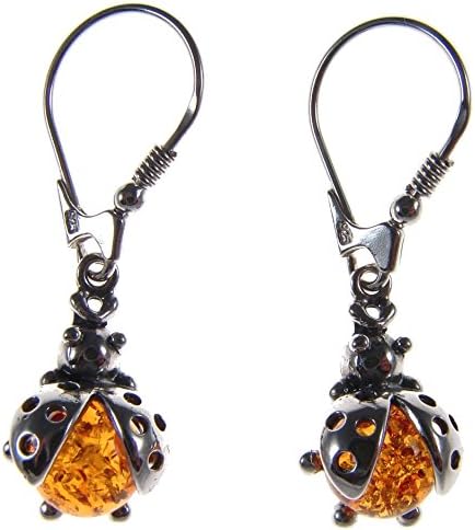 SA EarringsBaltic amber and sterling silver 925 cognac ladybird dangling hoops earrings