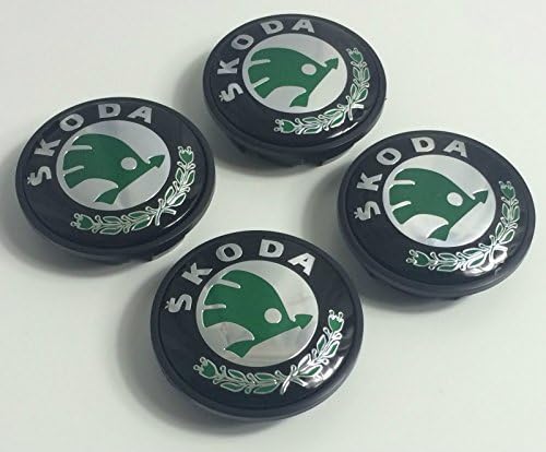 4x SKODA GREEN Logo Emblem 65mm Wheel Badge Centre Hub Caps Dust Covers VRS SPORT PERFORMANCE Octavia Yeti Fabia Superb Citigo Roomster Mission Rapid and other models