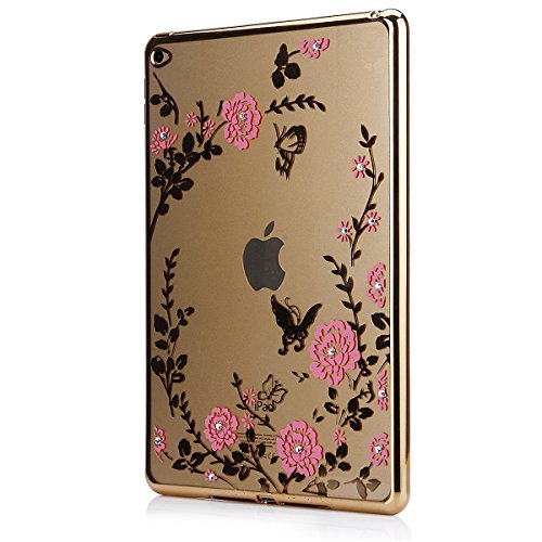 Felfy iPad Air 2 Hülle,iPad 6 Schutzhülle,iPad Air 2 Case,iPad 6 Silikon Cover Ultradünnen Kristallklar Durchsichtig Malerei Schmetterling Blumen Rebe Muster Glänzend Glitzer Kristall Strass Diamanten Transparent TPU Silikon Schutz Handy Hülle Case Tasche Silikon Crystal Case Durchsichtig Schutzhülle Etui Bumper für iPad Air 2/iPad 6 (Tyrant Gold) +1x Gold Stylus + 1x Katze Dust Plug - 7