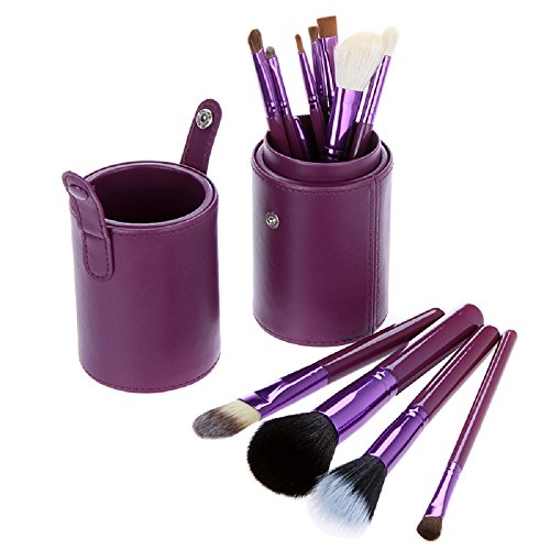 Abody 12pcs Makeup Brush Set Cosmetic Brush Kit Wooden Makeup Tool with Cup Leather Holder Case (Purple)