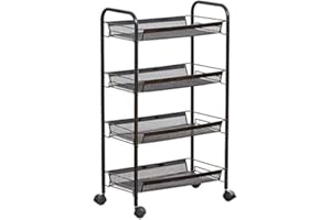 PALAKLOT 3/4/5 Tier Compact Space-Saving Storage Rolling Household Cart With Heavy Metal Wires Mesh Basket Trolley With Wheels 45cm(W) 26cm(D) 85cm(H) Black (4 - Tier)