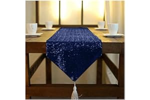 ShinyBeauty Navy Blue Shimmer Sequin Table Runner Tassel 12x72in, Glitter Sequins Fabric Table Runner with Tassel in Party Wedding Banquet Table Linen Layout or Decoration