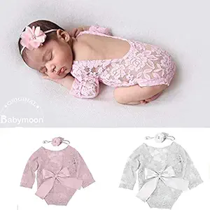 BabyMoon Girls Lace Romper with Hairband Born Baby Photography Photoshoot Props Costume | White, 80x50cm (Suitable 0-3 month)