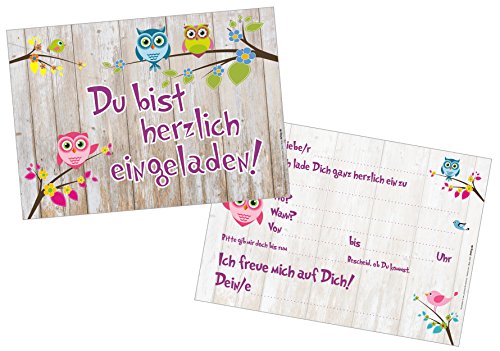 12 Einladungskarten „Du bist eingeladen!“ angesagte Holzoptik niedliches lustiges Uhu- Eulen-Motiv / Geburtstagseinladungen Einladungen Geburtstag Jungen Mädchen Einladungstext Vorlagen Karten Set - 4