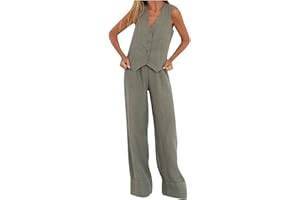 NUSGEAR Conjunto Dos Piezas Mujer Casual Algodon Lino Camiseta sin manga y Pantalones Chaleco otoño Primavera Deportivo Suelto Traje Pijama Cómodo Conjunto Casa Moda Color sólido Chandal ligera 2024