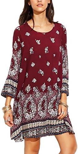 Fanmay Women's Retro Casual Long Sleeves Floral Printed Dress Evening Dress Skirts Bodycon Party Dress (XL, Wine Red)