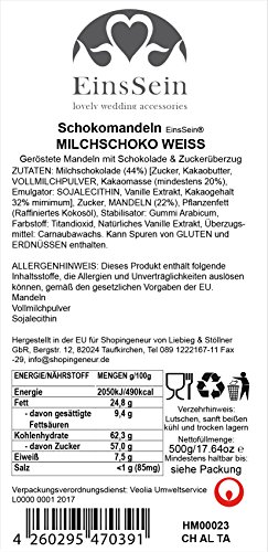 500g Hochzeitsmandeln Gastgeschenke Milchschoko Schokomandeln griechisch EinsSein® Hochzeit Zuckermandeln Schokomandeln Bonboniere Bonbons Schokotafeln ohne organzasäckchen Dragees Taufe Taufmandeln - 2