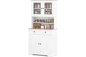 TANGZON Tall Kitchen Cupboard, 4 Door Tall Storage Cabinet with 3 Detachable Shelves, 2 Drawers & Countertop, Freestanding Wooden Sideboard Unit for Pantry Dining Living Room