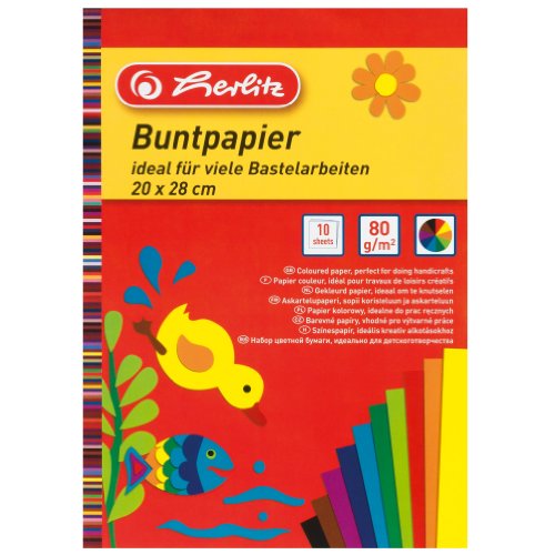 Herlitz Buntpapierblock, 20 x 28 cm, 10 Blatt, 5-er Pack, einseitig gefärbt, 10 Farben