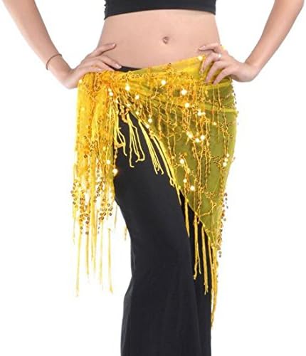 Women Triangle Belly Dancing Costume Gold Sequins Tassel Hip Scarfs Belt (yellow)