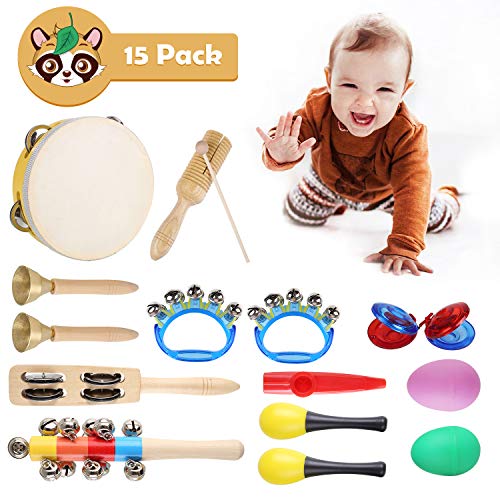 MVPOWER Strumenti Musicali per Bambini, Set di 15 Tamburi e Percussioni in Legno con Borsa per Bambini, Giocattoli per l'educazione Musicale in Età Prescolare, Regalo per Natale,Compleanno,Bambini
