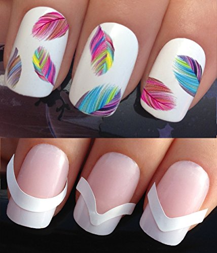 WATER NAIL TRANSFERS DECALS STICKERS ART SET #619 & 172. **plus x48 nail tip guides!!** x20 COLOURFUL RAINBOW FEATHER PLUMES TATTOO WRAPS & x48 FRENCH MANICURE TIP GUIDES! CAN BE USED WITH NATURAL GEL ACRYLIC STICK ON NAILS! OR WITH GLITTER DUST CAVIAR BEADS ALLOYS DECORATIONS CONFETTI FIMO SHAPES TAPE PENS RHINESTONES!