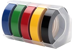 MarkField 9mm x 3m 3D Nastro per Etichette Compatibile in Sostituzione di Dymo Embossing Tape, per Dymo Junior Omega Organizer Xpress, Bianco su Nero/Blu/Rosso/Giallo/Verde