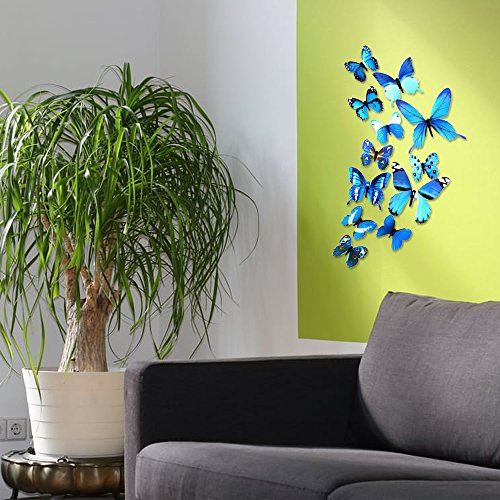 DEKOWEAR 3D Schmetterlinge realistisch 12er Set Wanddekoration mit Klebepunkten zur Fixierung Wandtattoo Wandsticker Wanddeko Blau - 3