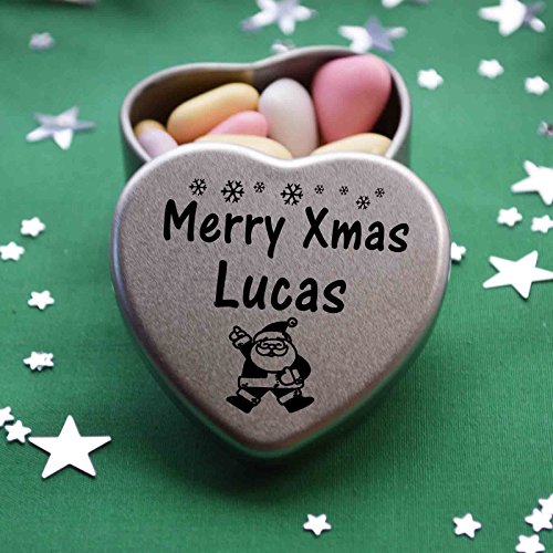 Gift In Can Merry Xmas Lucas Heart Shaped Mini Tin Gift filled with mini coloured chocolates perfect christmas card alternative for Lucas Fun Festive Santa Design