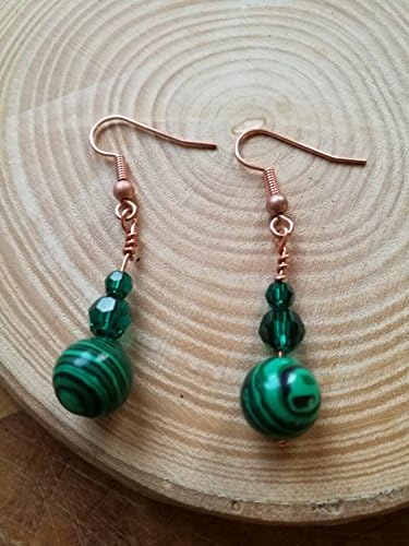 Green stripey Malachite, Swarowski Crystal, and Copper metal Earrings