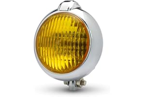 ALCHEMY PARTS Motorcycle Headlight Headlamp - Classic Bates Style Compatible with Harley Davidson Choppers and BMW R45 R65 R80 R100 Cafe Racer Project Bikes | Bottom Mount (Chrome/Yellow Lens)