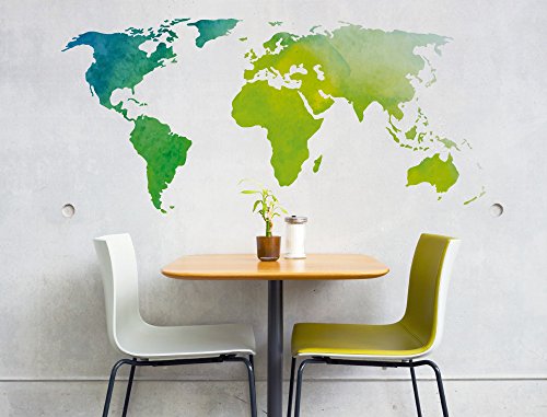 I-love-Wandtattoo WAS-10735 Wohnraum Wandsticker "Weltkarte Aquarell in hellen und dunklen Grüntönen" Kontinente zum Kleben Länder Wandtattoo Erde Wandaufkleber Globus Karte Sticker Wanddeko