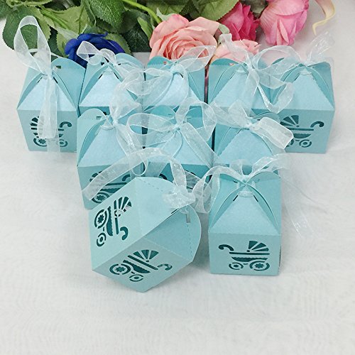 Lavinaya Geschenkschachteln mit Laserausschnitten für Taufen, Babypartys usw., klein, mit Schleife, 50 Stück blau - 2