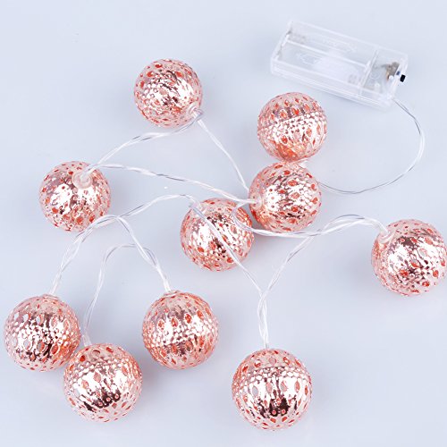 IntiPal 10er LED Lichterkette Silberne Goldene Roségold Kugeln Warmweiß Kaltweiß Bunt Weihnachtsdeko (Roségold mit Kaltweiß) - 5