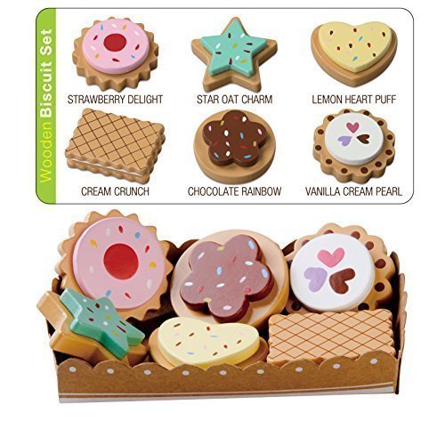 Alimento de juguete, Selección de 6 Galletas de Madera, 6 galletas con la selección y cartón resistente bandeja de papel
