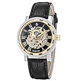 Gleim Herren Skelett Automatik Mechanische Analog Armbanduhr Römische Zahl schwarz Leder Strap Golden Schwarz Zifferblatt