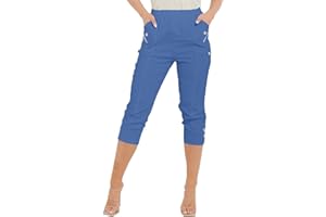 PURE FASHION UK Cropped Trousers Women New Cherry Berry Soft Cotton Stretch Capri Cropped 3/4s Elasticated Cropped Trousers Women Pants Size 8-26 UK
