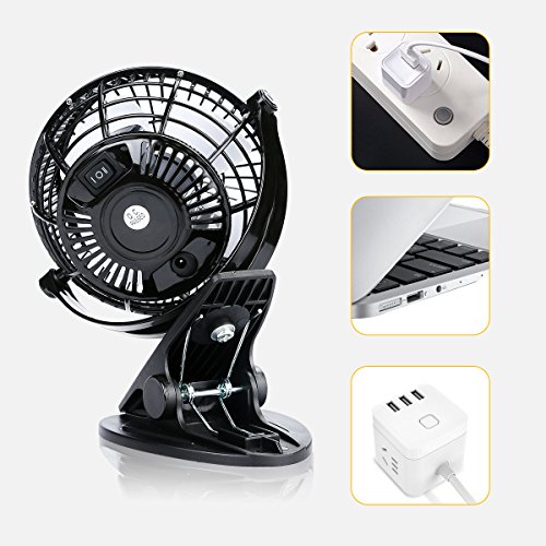 AFAITH Mini Clip und Schreibtisch Personal Fan, 5 „Portable Personal 2-Mode Speed Clip On & Stand Schreibtisch Tisch Regal Kunststoff Fan, USB Powered by Computer / Power Bank / USB Ladegerät Netzteil, 360 Grad einstellbare Silent Cooling Cooler für Kinderwagen Home Office- Schwarz SA054B - 3