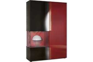 ‎VLADON Vladon Vitrine Kommode Hochschrank Morena, Korpus in Schwarz matt/Rechte Tür und der Einsatz in Bordeaux Hochglanz