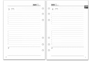 Refill Daglig Agenda 2026 2027 A5-format, 6 hål – en sida per dag 08:00–20:00, månatliga flikar, antecknings- och kontaktsido