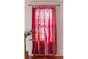 RAJBHOOMI HANDICRAFTS Indian Old Sari White Color Curtain Door Drape Window Decor Silk Sari Hippie Recycle Curtains, 210 x 105 cm (Red)