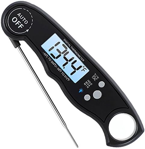 Euhubb Meat Thermometer,Waterproof Instant Read Kitchen Thermometer,Cooking Thermometer with Back Lit Display,Fordable Long Probe for Food, Candy, Milk, Tea, BBQ Grill Smokers (Black)
