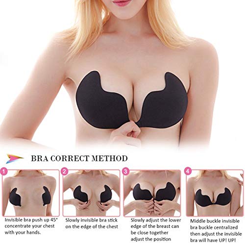 Ladies Reusable Invisible Strapless Self Adhesive Push-up Bra Stick On Gel Backless Silicone Bras for Women (B, Black)