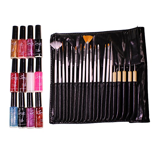 20 Piece Nail art design tool set with 12 high quality mixed coloured nail polishes by Kurtzy TM