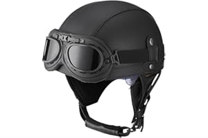 BDTOT Retro Motorrad Halbhelme Leder Halbhelm Deutscher Stil Roller Cruiser Chopper Anti-Collision Helm Abnehmbarer Gehörschutz mit Visier ECE Zertifiziert Roller-Helm Scooter Mofa-Helm