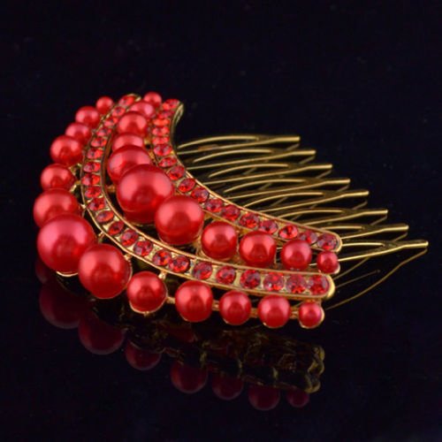 SODIAL(R) STUNNING BRIDAL WEDDING Crystal Pearl RHINESTONES PEARLS HAIR COMB CLIP (red)