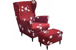 Highdi 2 Teilig Ohrensessel Überzug Mit Ottomane Schonbezug, Sessel-Überwürfe Ohrensessel Schonbezüge Bezug Sesselhusse Stretch Tiger Stuhlbezug mit Armlehne Hohe Rückenlehne (rote Blume)