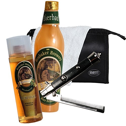 BRUBAKER Bier Badeset Geschenkset für Männer mit Kulturbeutel, Waschlappen und Faltkamm für Herren