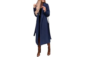 EMUKFD Womens Classic Coat Lapel Collar Open Front Belted Long Jacket Autumn Winter Mid-Length Coat Solid Color Outwear Winter Warm Trench Coat for Women Oversized Long Jacket